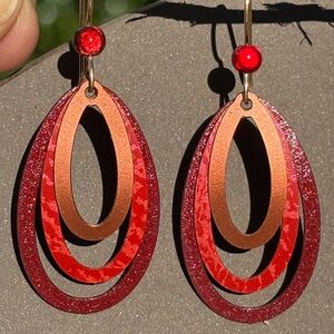 Adajio Earrings Sterling Silver Hook Rich Red and Copper Three Layer Ovals